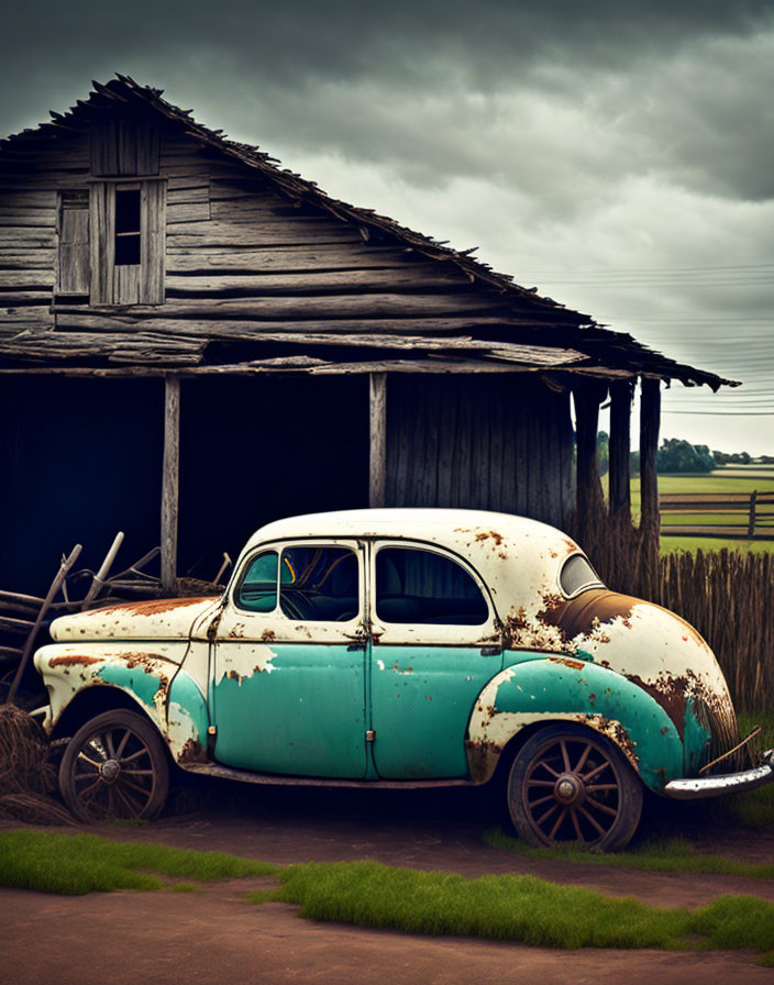 Vintage turquoise and white car with rust spots parked in front of a wooden barn in rural scene.