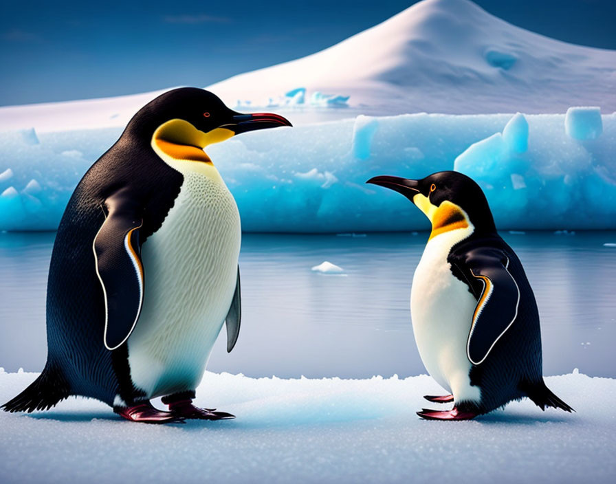 Animated penguins on icy surface with icebergs and mountain