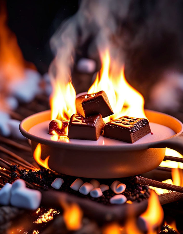 Melting chocolate pieces over flames with scattered candies for a cozy setting