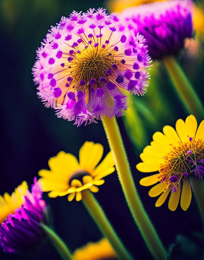 Detailed Purple and Yellow Flowers on Dark Background