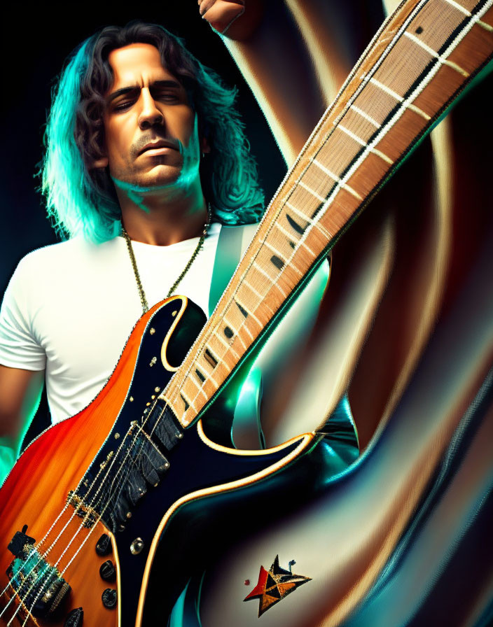 Man with Shoulder-Length Hair Holding Electric Guitar in Dramatic Lighting