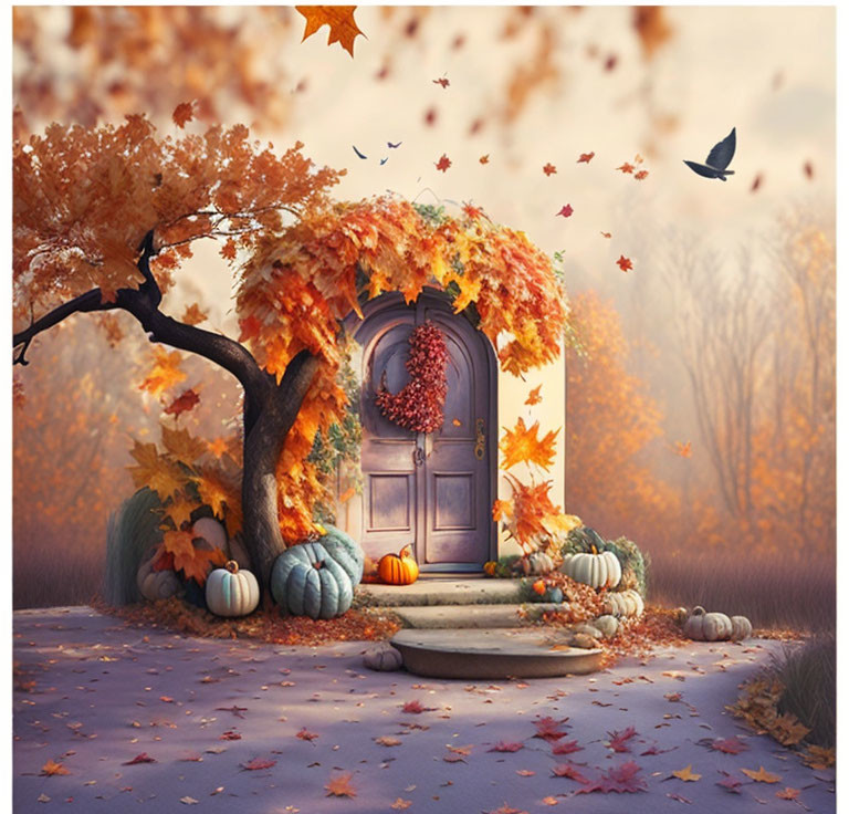 Purple door in autumn forest with pumpkins and bird