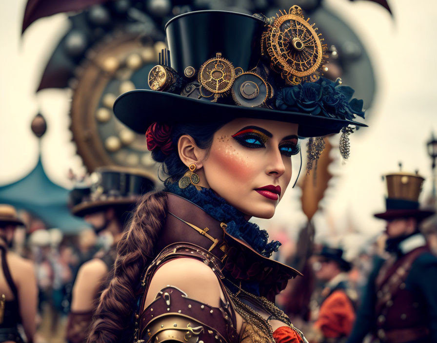 Elaborate Steampunk Attire with Top Hat and Mechanical Shoulder Piece