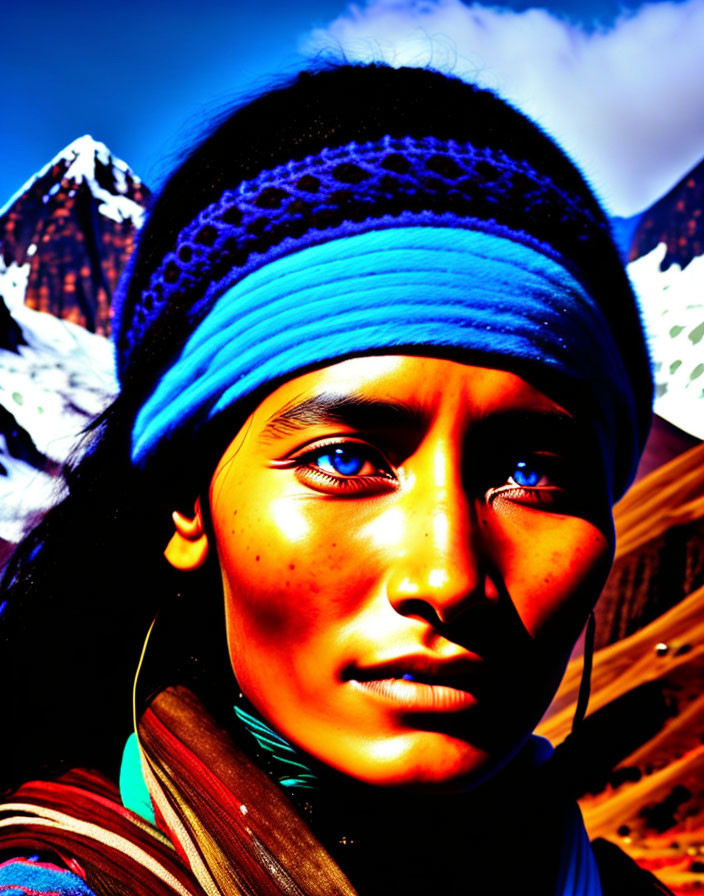 Person with headband against snowy mountains and blue sky