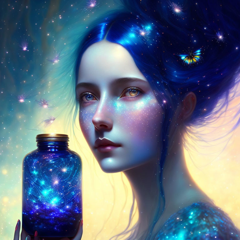 Fantasy illustration: Woman with blue starry skin holding cosmic nebula jar