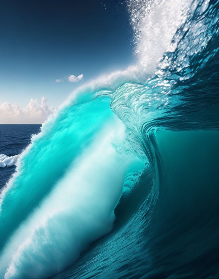 Majestic Turquoise Wave About to Crash Against Blue Sky