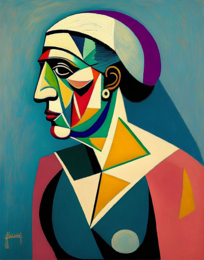 Vibrant Cubist Profile Painting with Geometric Shapes