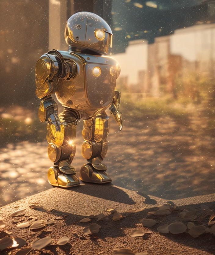 Vintage-style golden robot strolling on sunlit autumn path