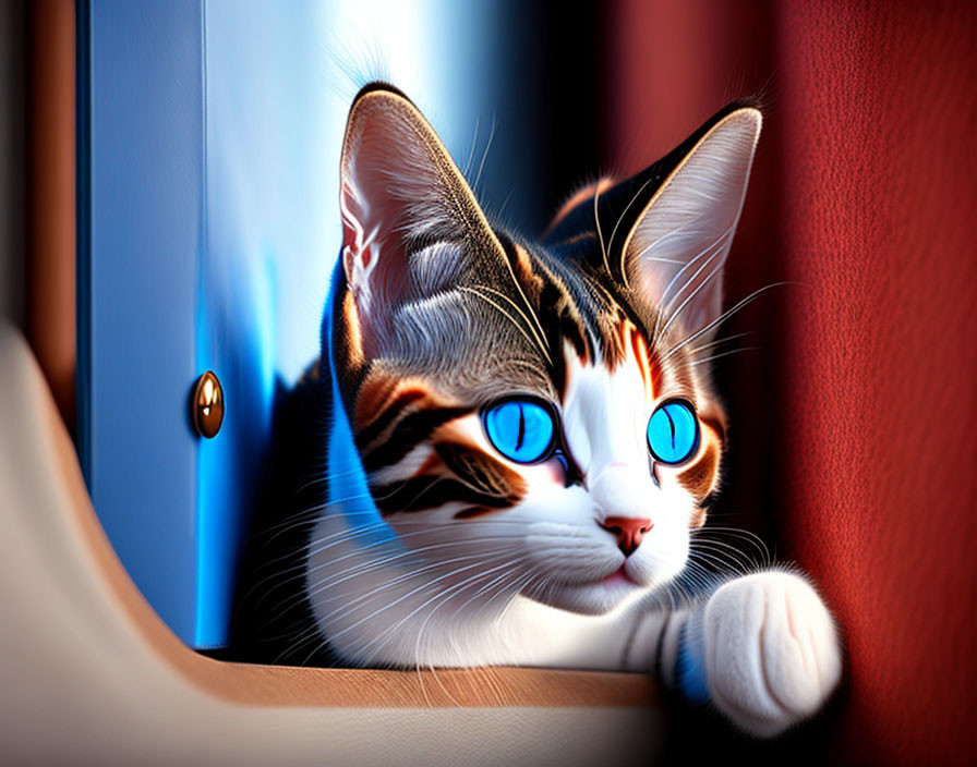 Blue-eyed cat peeking from behind a door with light and shadow patterns.