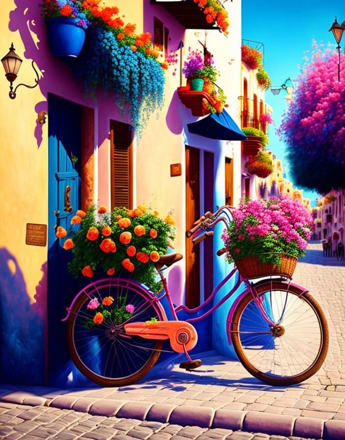 Colorful cobblestone street scene with flowers and blue bicycle