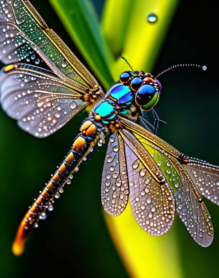 Vibrant dew-covered dragonfly on green stem with glistening wings