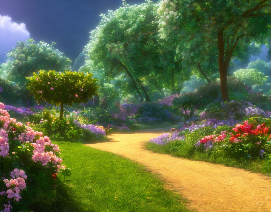 Tranquil garden pathway with lush trees and colorful flowers