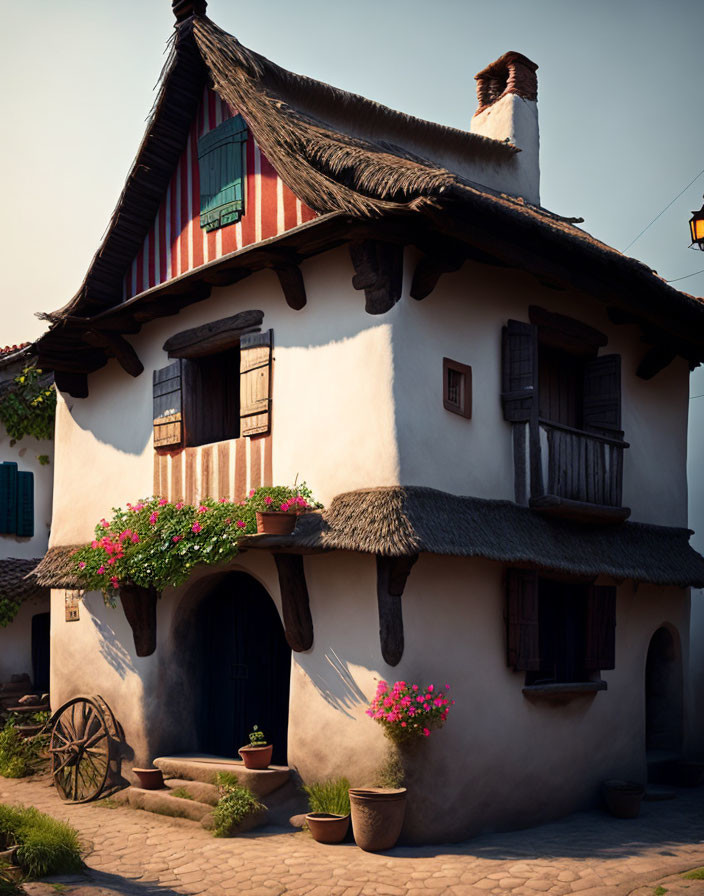 Charming cottage with curved thatched roof and flower boxes