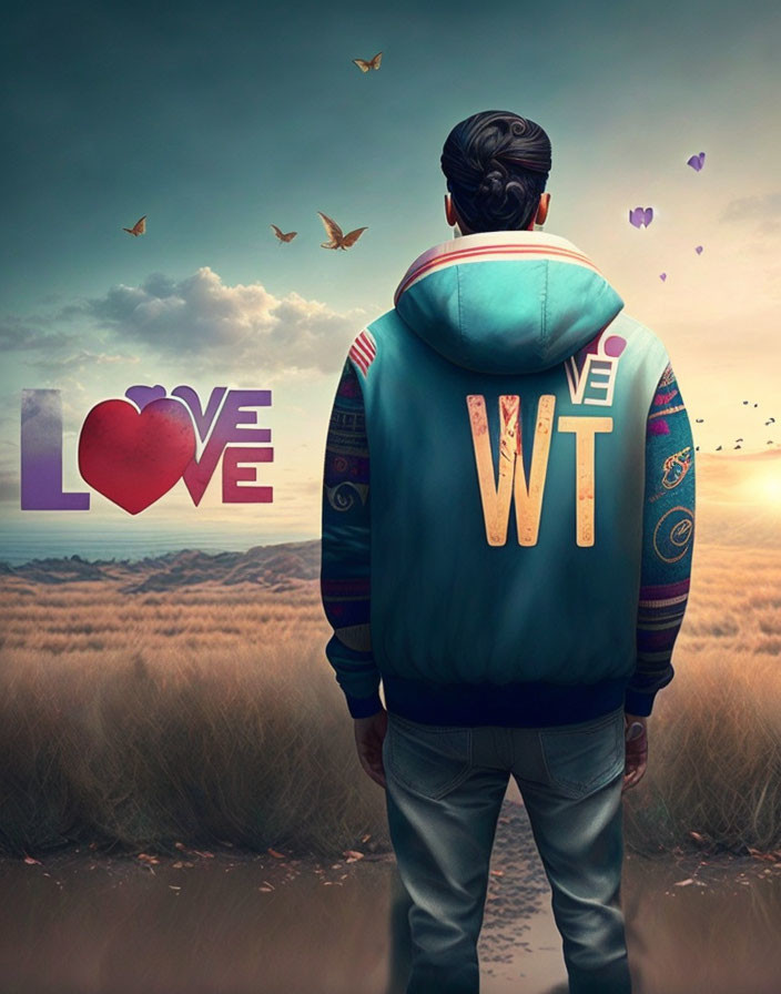 Colorful Hoodie Man Gazes at "LOVE" Sign in Surreal Landscape