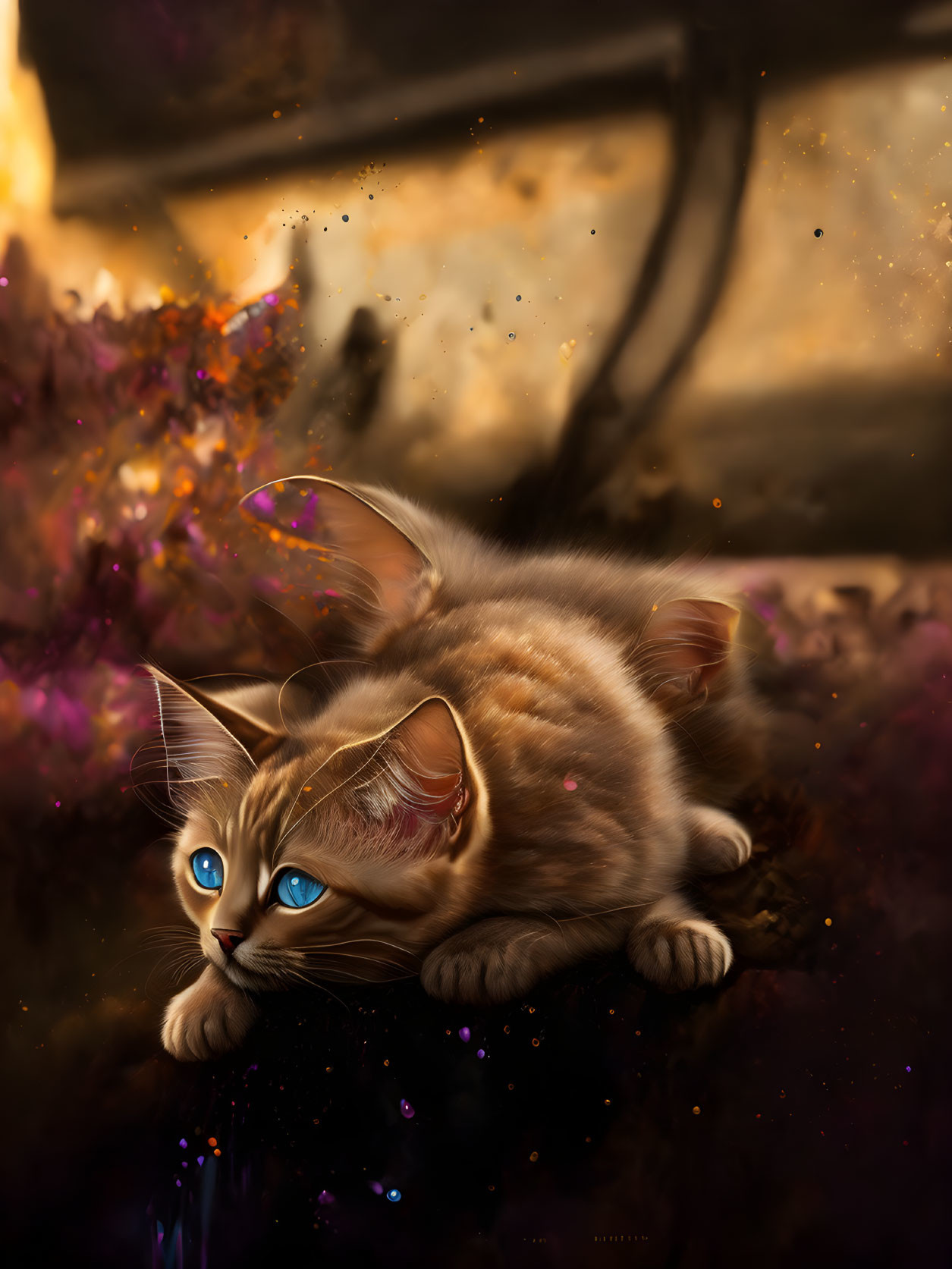 Fluffy kitten with blue eyes on dark surface with sparkling particles in warm ambiance