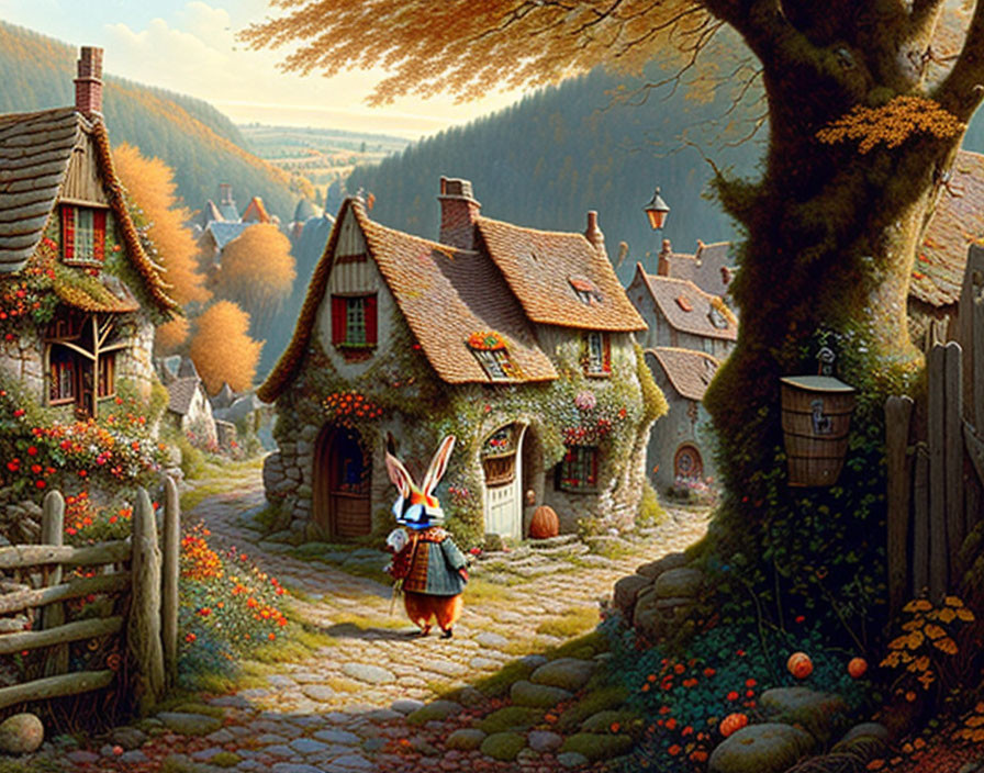 Anthropomorphic rabbit walking in quaint village with thatched cottages