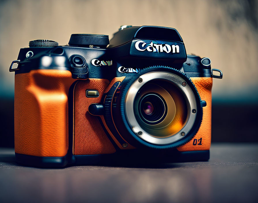 Canon DSLR Camera with Prime Lens & Orange Leather Cover on Textured Surface