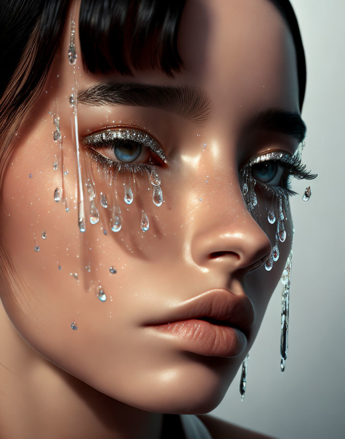 Woman with Glittery Makeup and Teardrop Crystals on Eyelashes