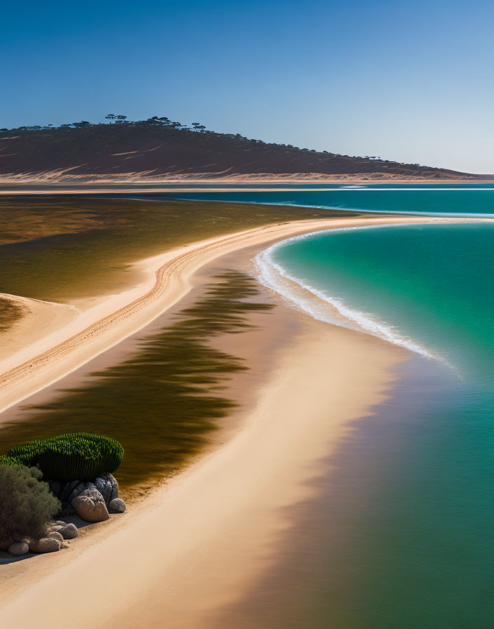 Sandy beach with curving sandbar, turquoise waters, and wooded hill