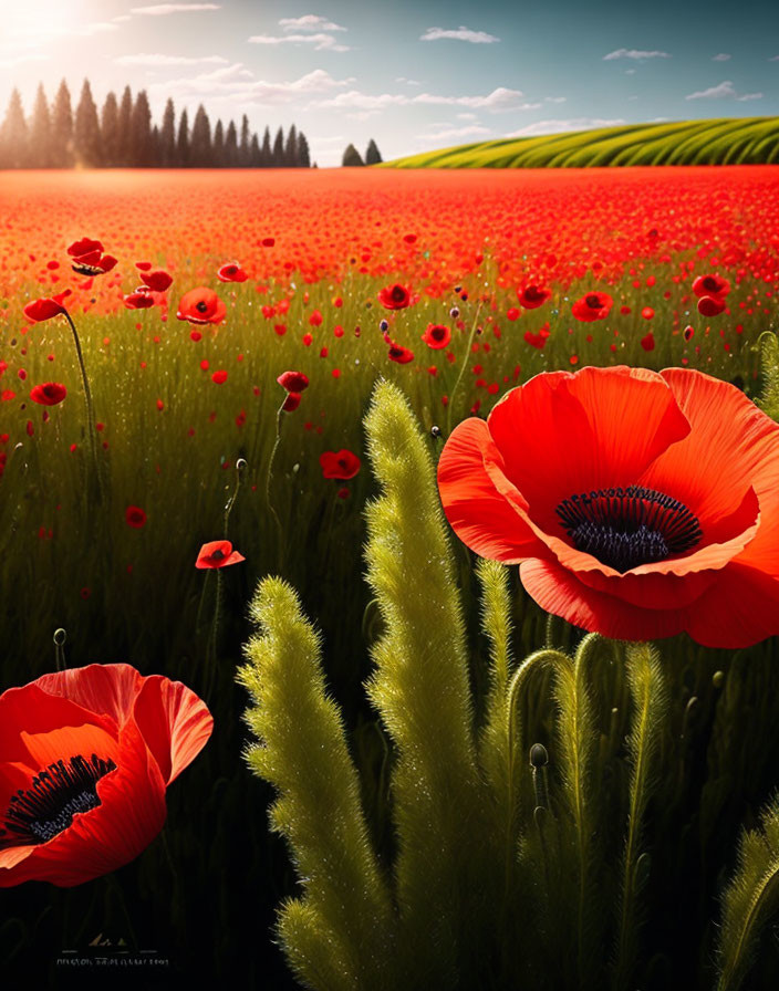 Vibrant red poppy field under sunny sky with trees on horizon