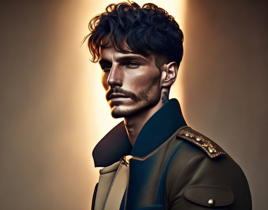 Stylized portrait of a man with sharp features and military-style jacket