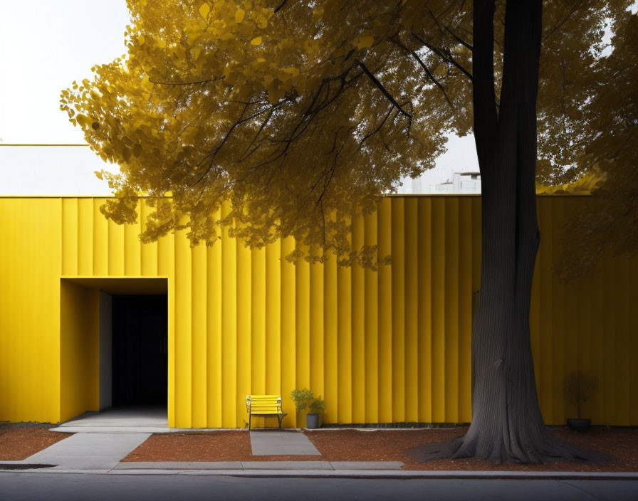 Yellow Modern Building Façade with Ribbed Walls, Matching Bench, and Golden Tree