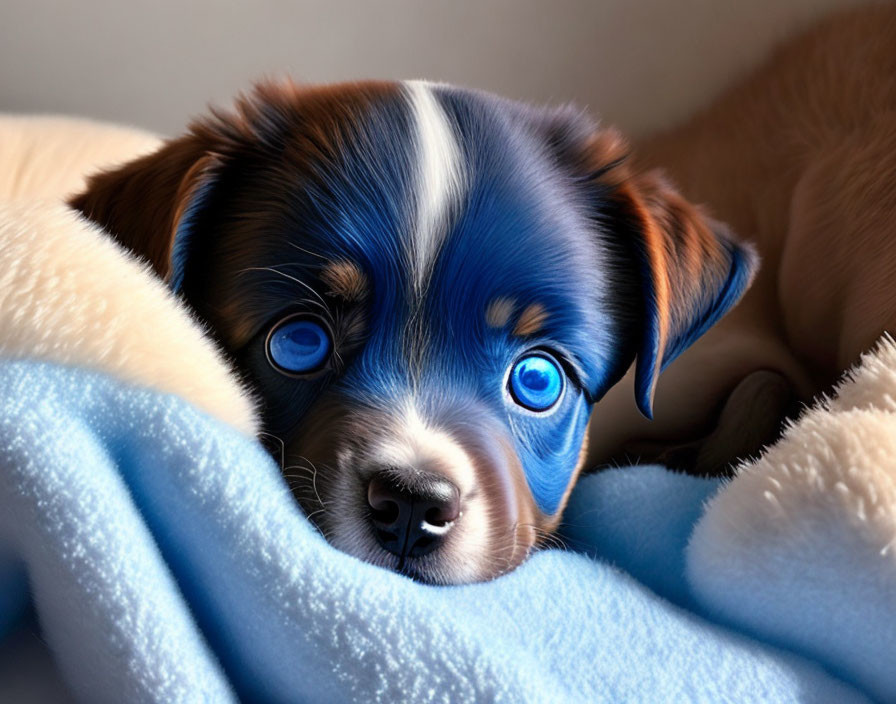 Brown and White Puppy with Blue Eyes on Blue Blanket