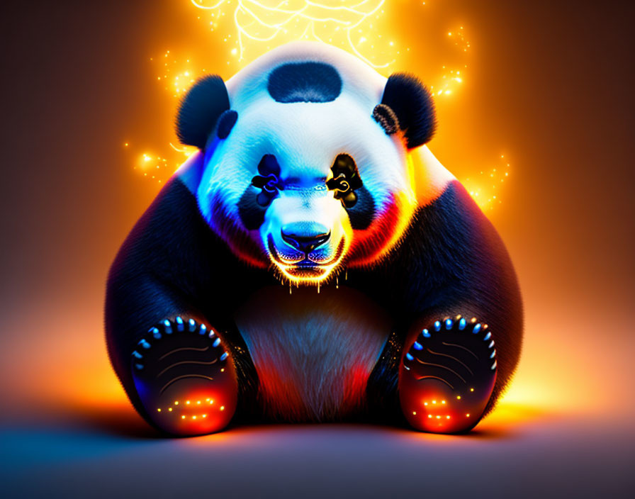 Colorful futuristic panda with neon lights in dynamic backdrop