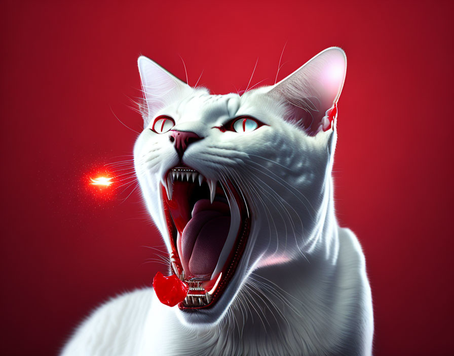 White Cat with Red Laser Eyes on Red Background