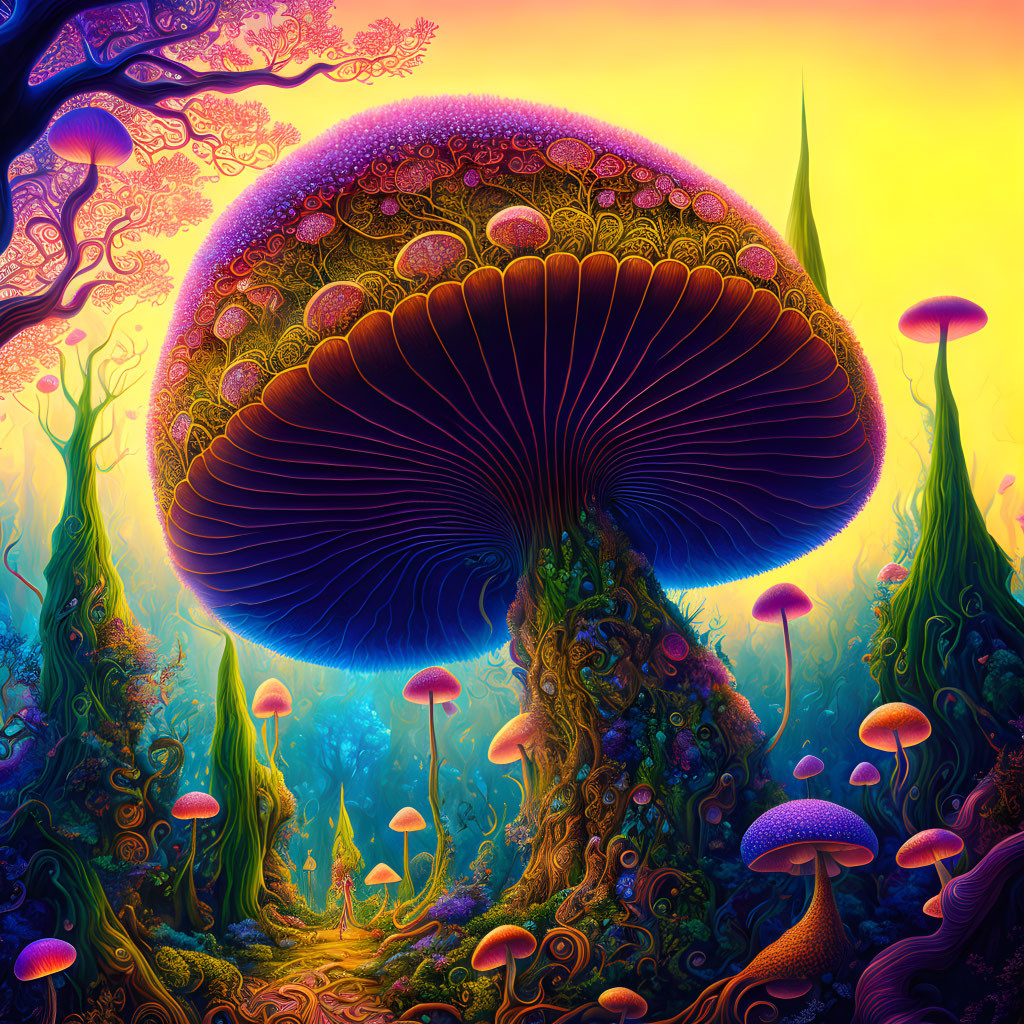 Colorful Psychedelic Mushroom Forest with Luminous Plants