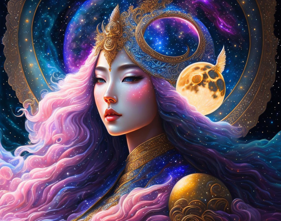 Illustration of woman with purple hair and celestial headdress under stars.