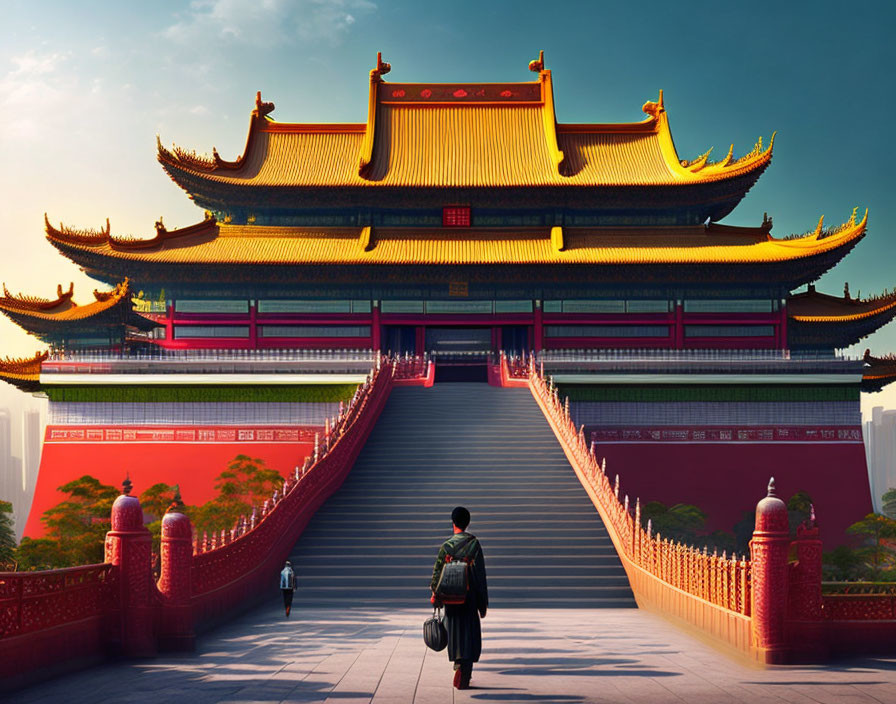 Traditional Chinese Temple with Ascending Stairs under Clear Sky