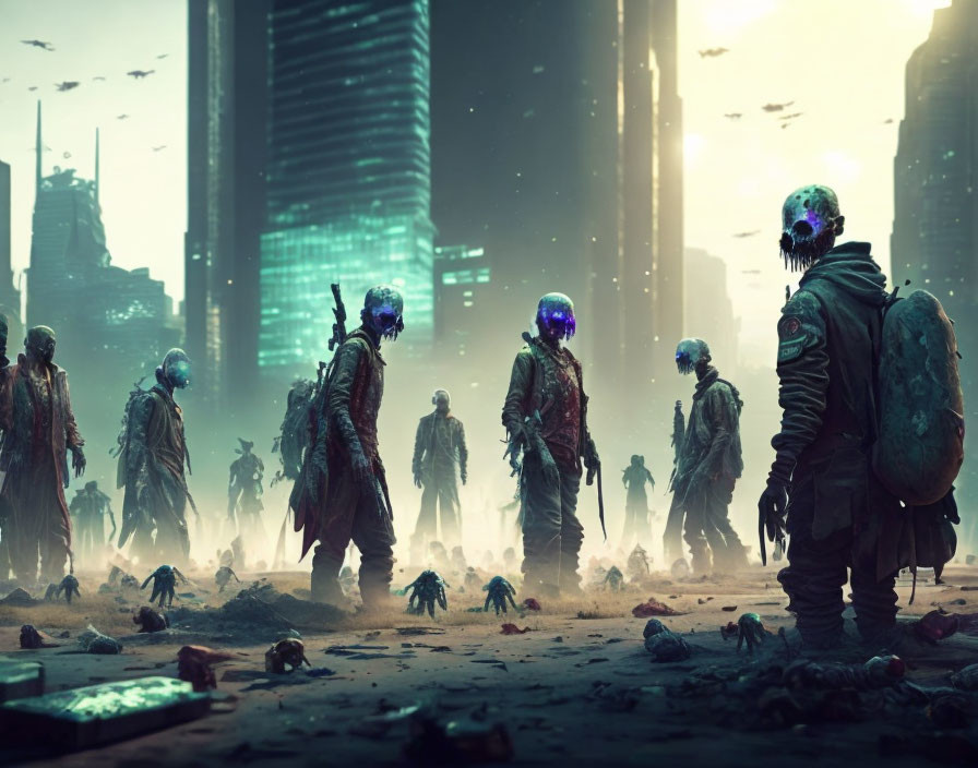 Futuristic zombies in decaying clothes in a dystopian city