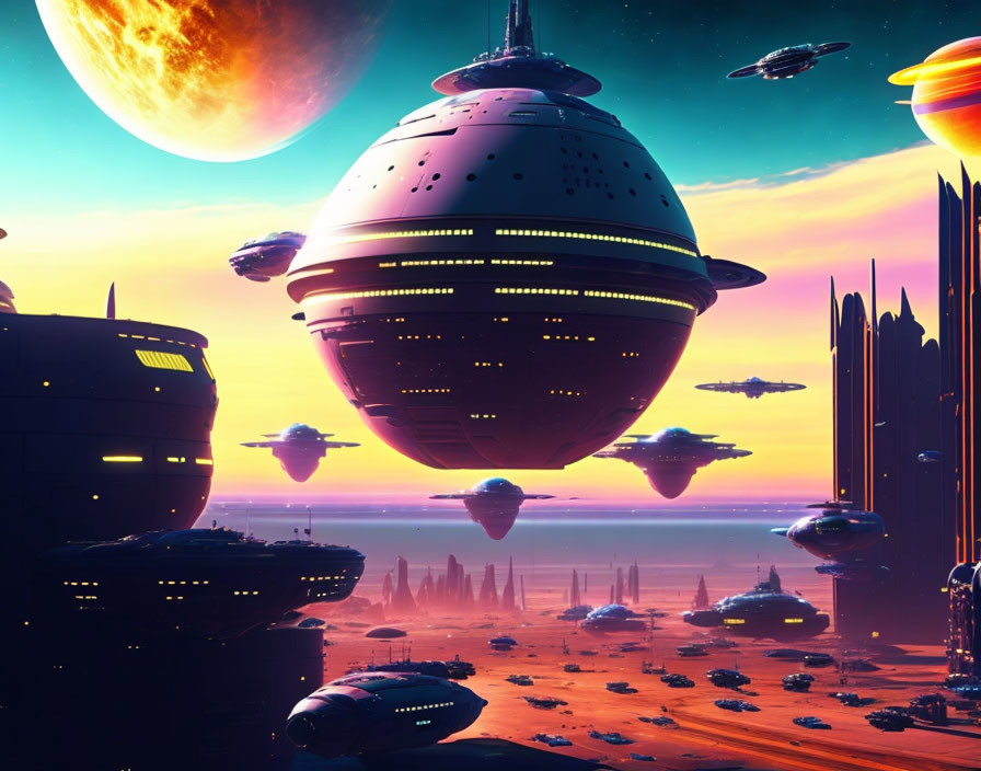 Futuristic sunset cityscape with floating spheres and towering structures