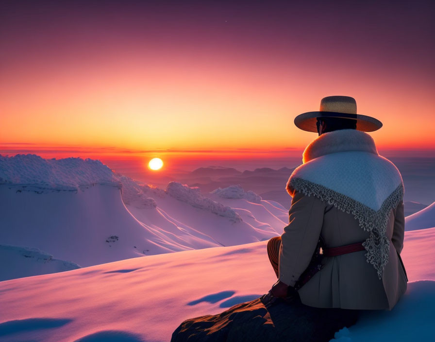 Person in traditional clothing gazes at snowy peak sunset