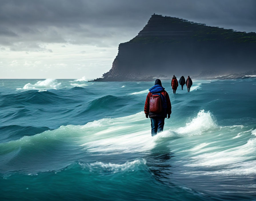 Three people walking on water towards cliff under cloudy sky