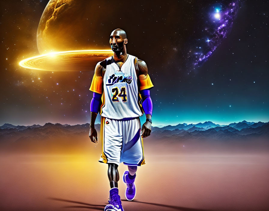 Basketball player in Lakers uniform with cosmic background.