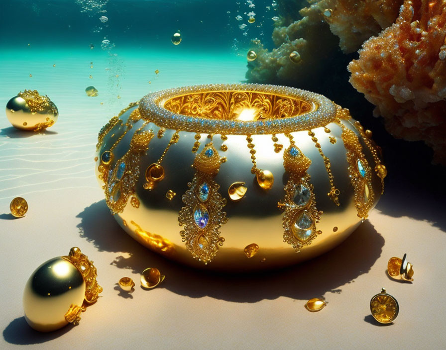 Luxurious golden jewelry box with gemstones, pearls, and coral in a water-themed setting.