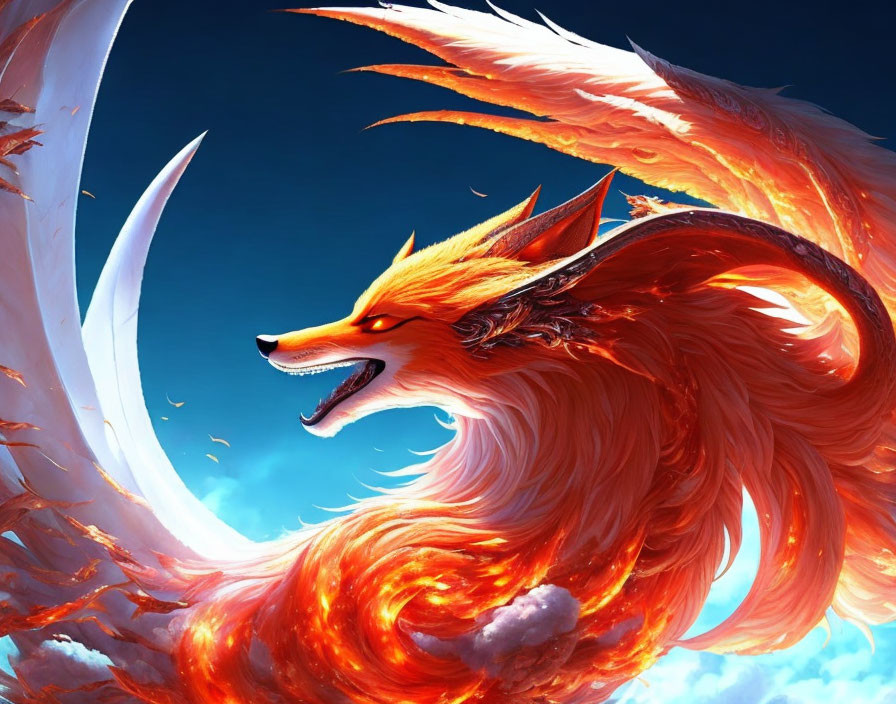 Mythical fiery fox illustration against blue sky