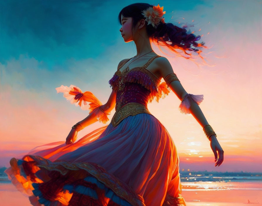 Woman in flowing orange dress twirls at sunset