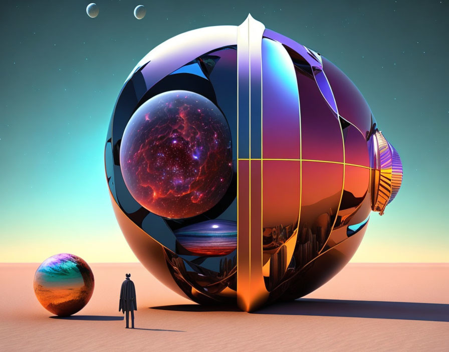 Person standing in desert landscape with surreal cosmic spheres and two moons at dusk