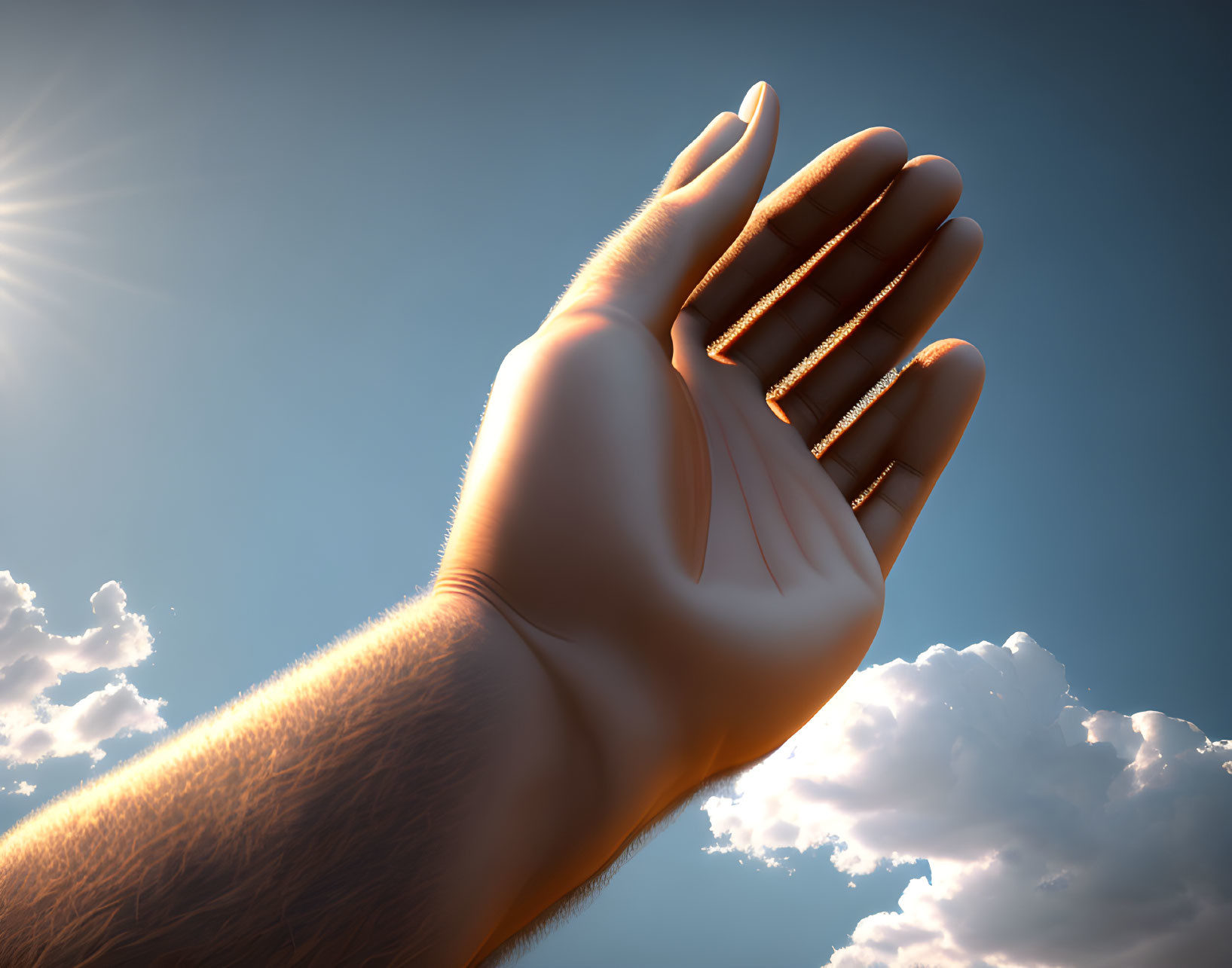 Hands clasped under blue sky symbolizing prayer and hope