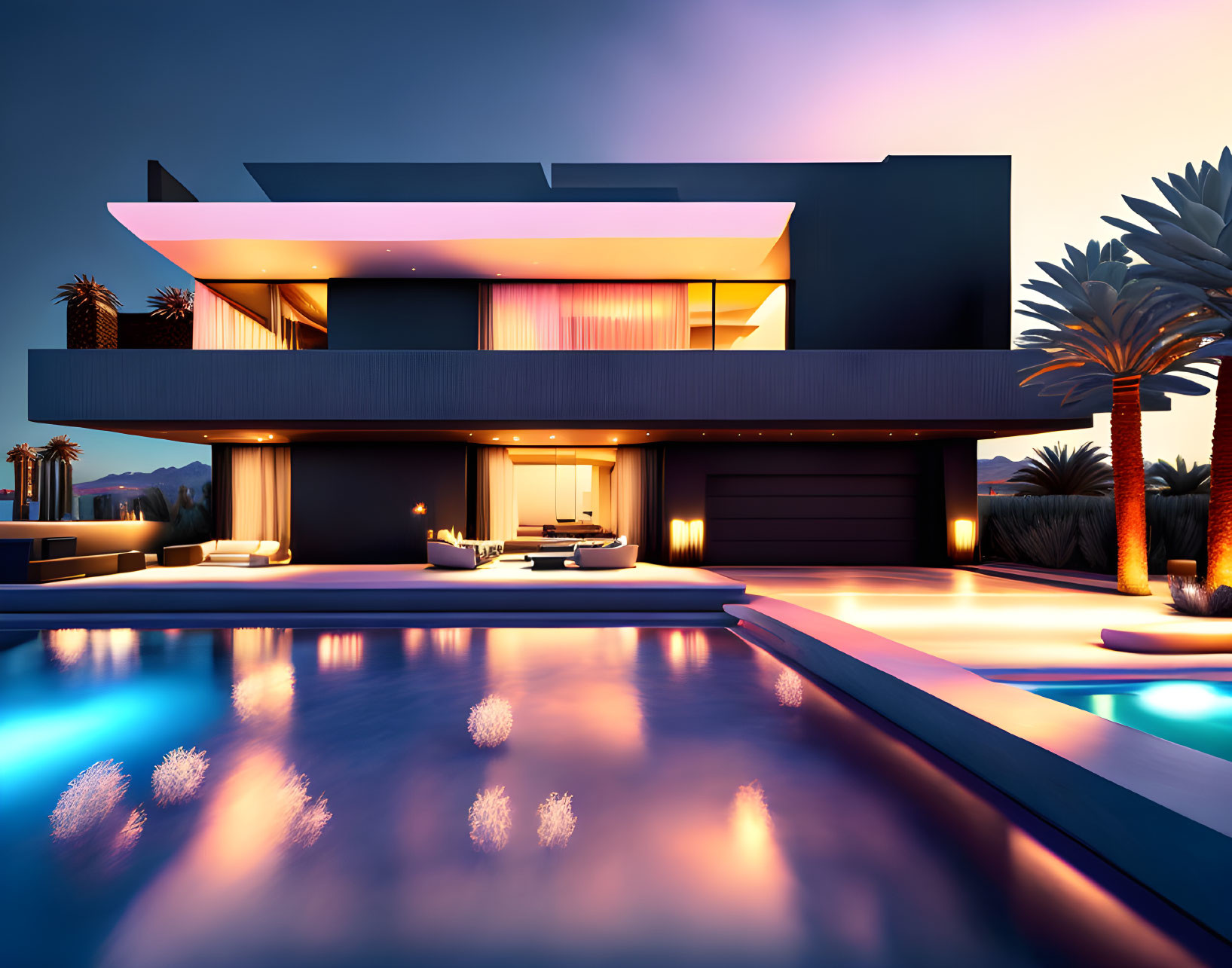 Luxury Villa with Illuminated Interiors, Pool, and Palm Trees at Twilight