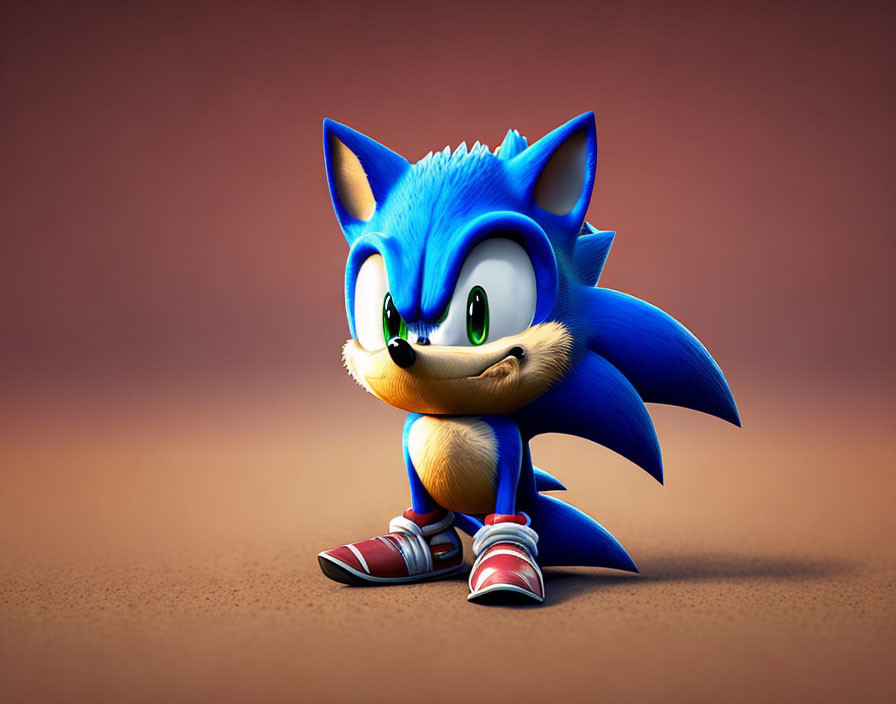 Stylized 3D Sonic the Hedgehog with oversized shoes on brown backdrop