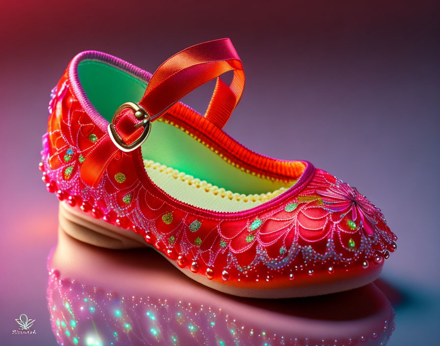 Red Children's Shoe with Beadwork on Gradient Background