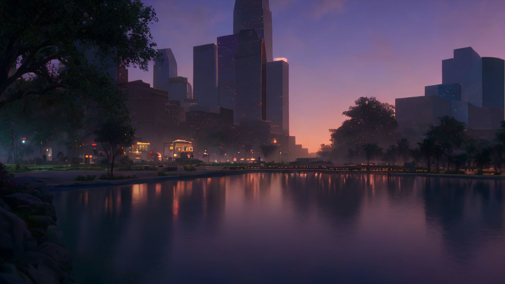 Cityscape with reflective water, skyscrapers silhouetted against purple sky, and glowing lights