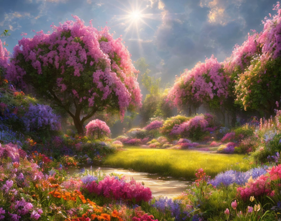 Vibrant blooming trees, colorful flowers, pond, sunlight rays in serene landscape