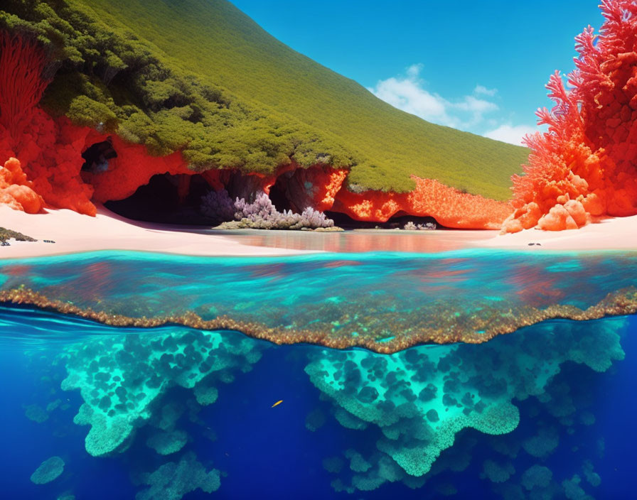 Split-view image: Coral reef underwater & lush green hill with cave and red coral above water