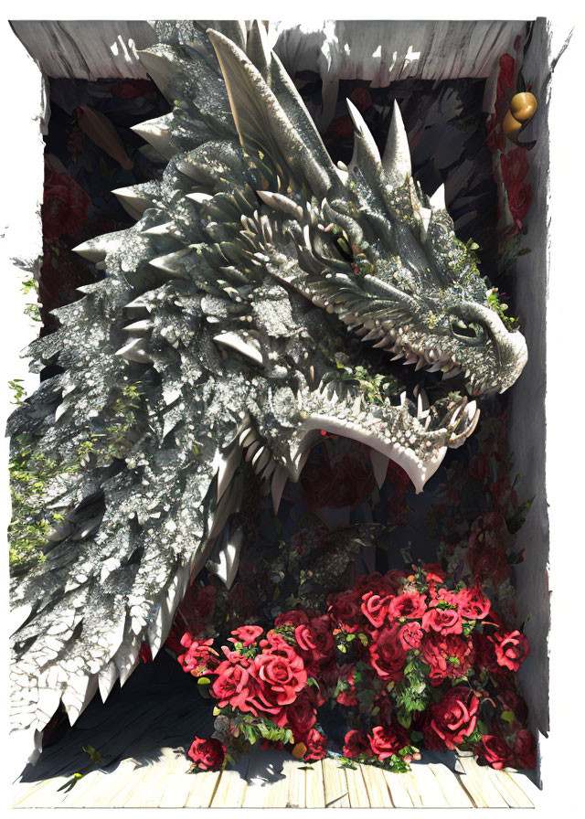 Detailed digital artwork: fierce dragon surrounded by red roses in fantasy setting