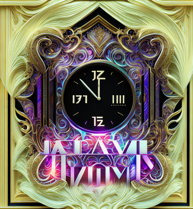Swirling Purple and Gold Roman Numeral Clock in Elaborate Golden Frame
